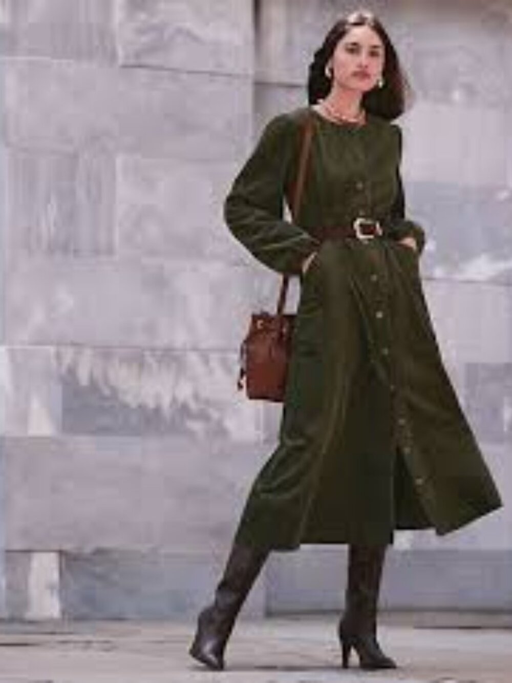 Loft Corduroy Seamed Belted Midi Pocket Dress